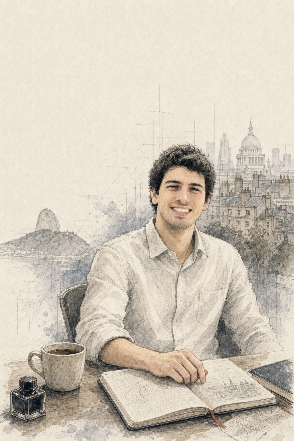 A graphite and watercolour portrait of Tiago at a desk between sketched Rio and London landmarks.
