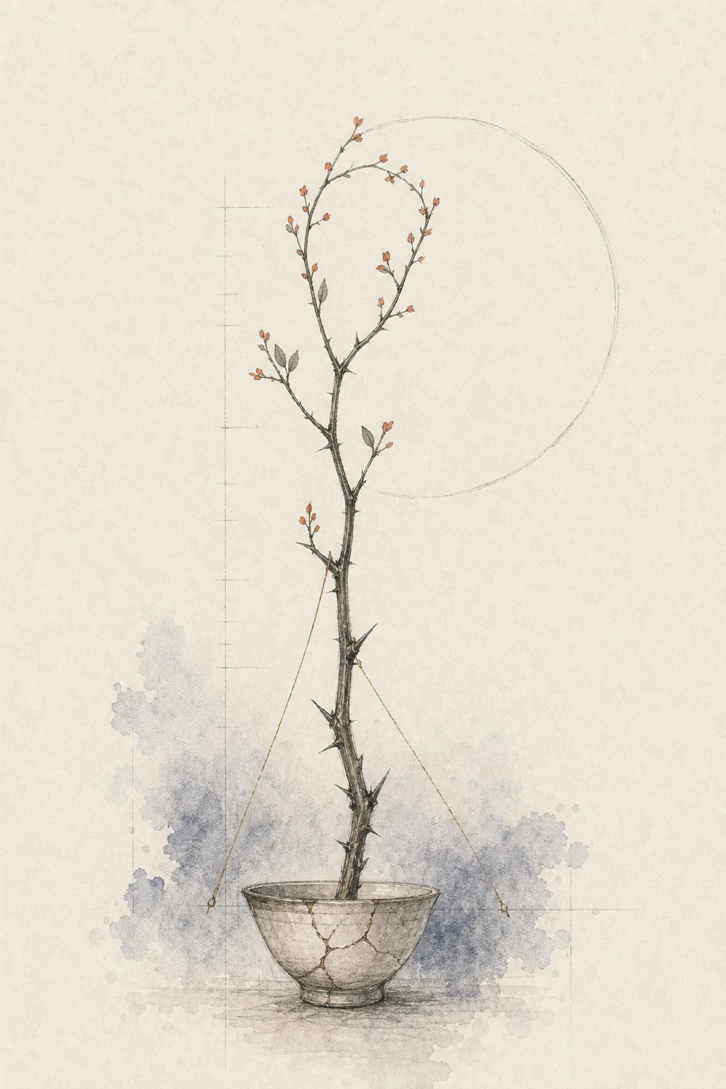 A thorned branch with small vermilion buds growing from a repaired ceramic bowl.