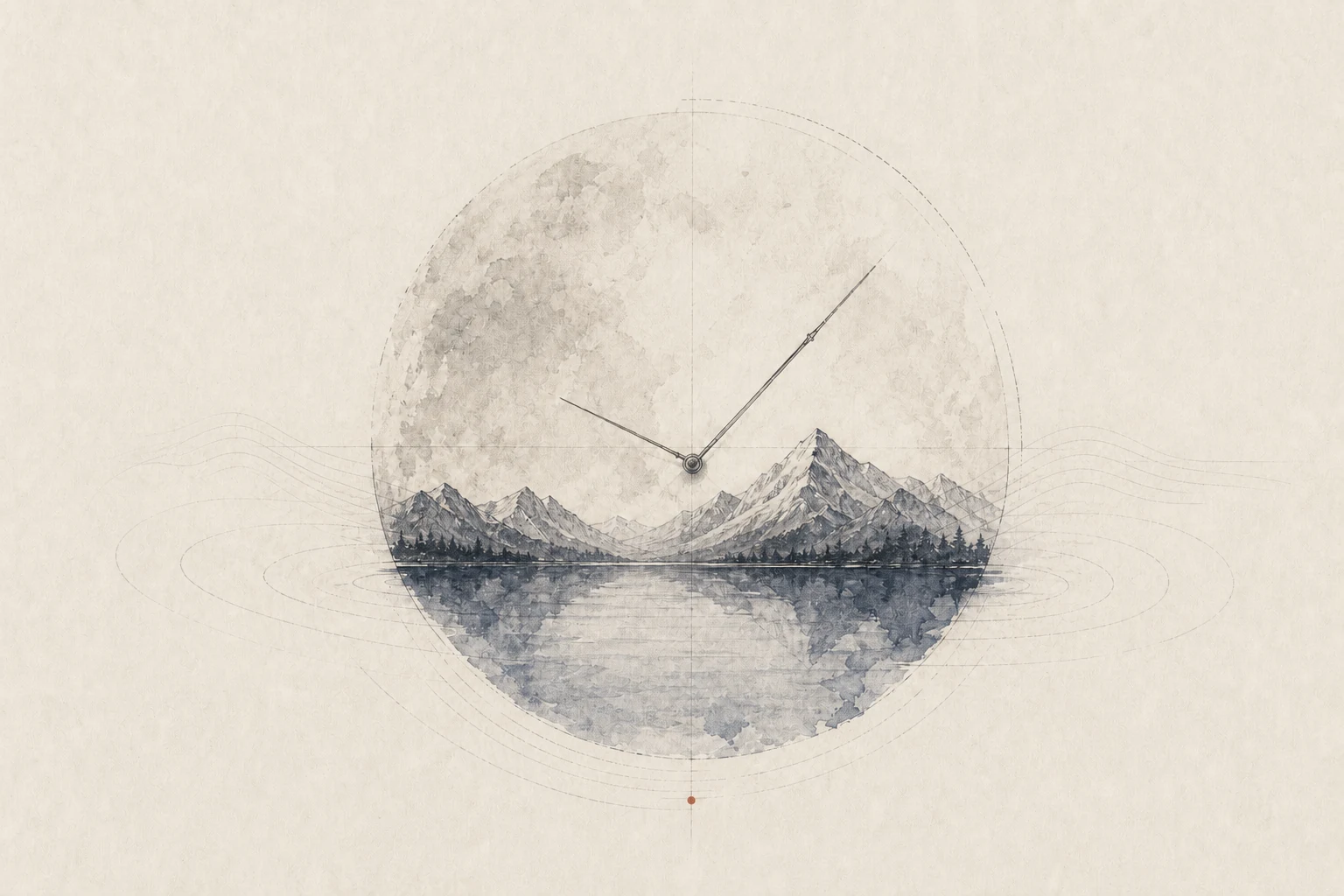 A mountain and its reflection held inside a weathered circular clock study.