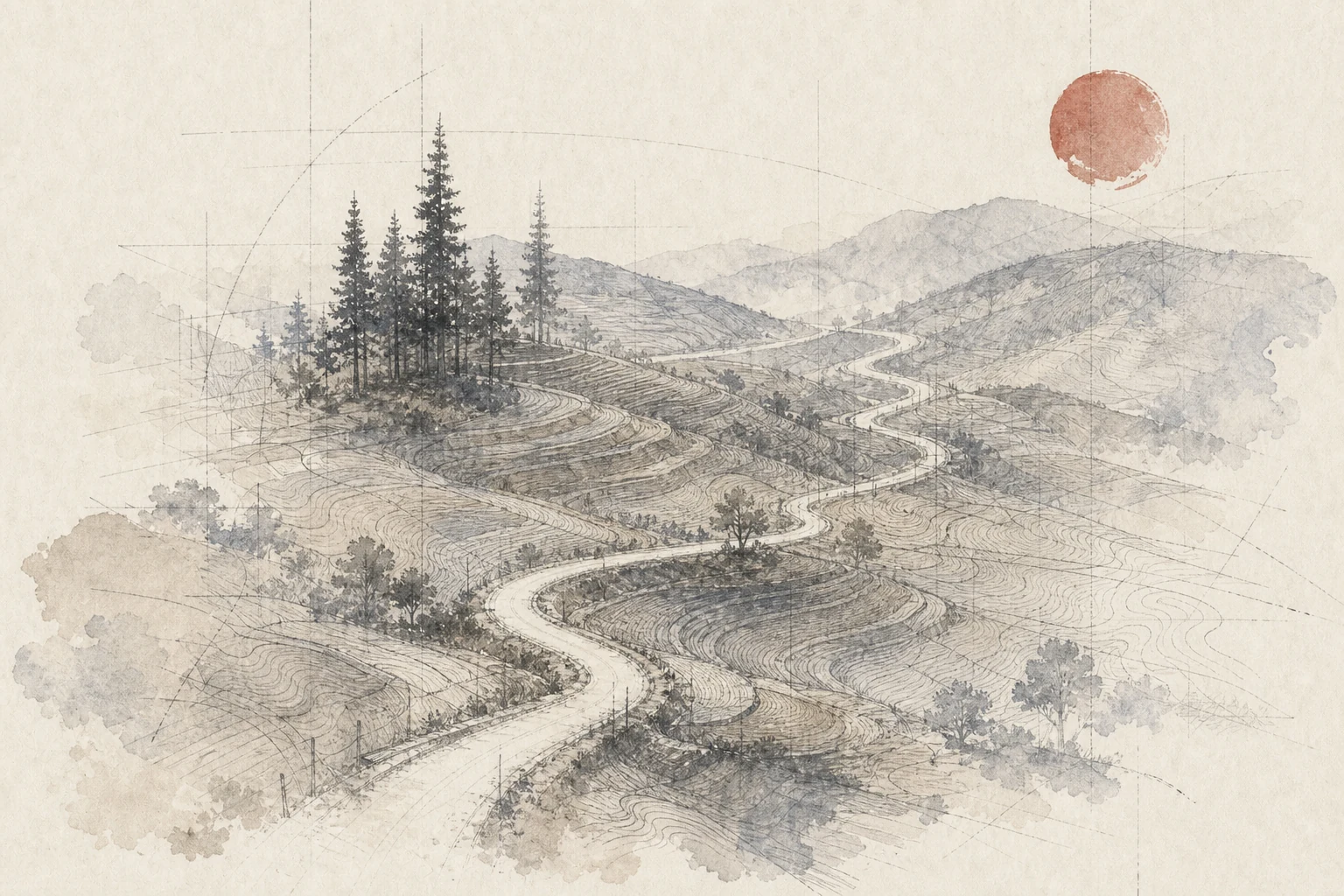 Terraced hills crossed by a winding road, drawn in graphite beneath a faded vermilion sun.