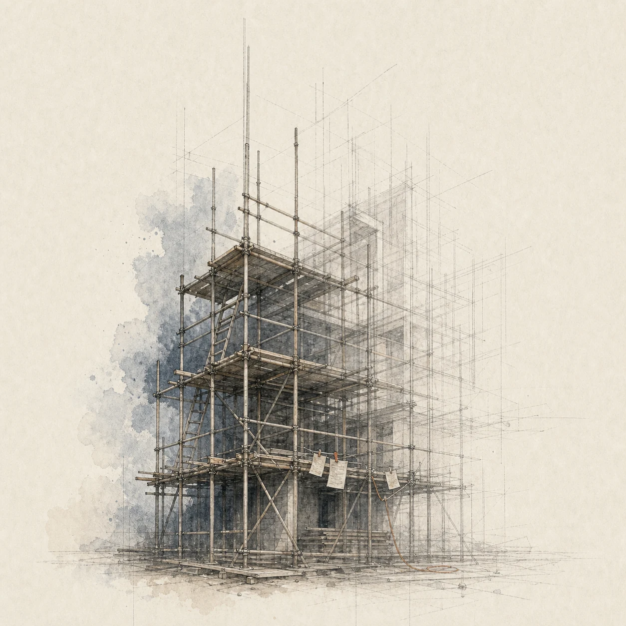An unfinished structure wrapped in delicate scaffolding and blue-grey drafting lines.