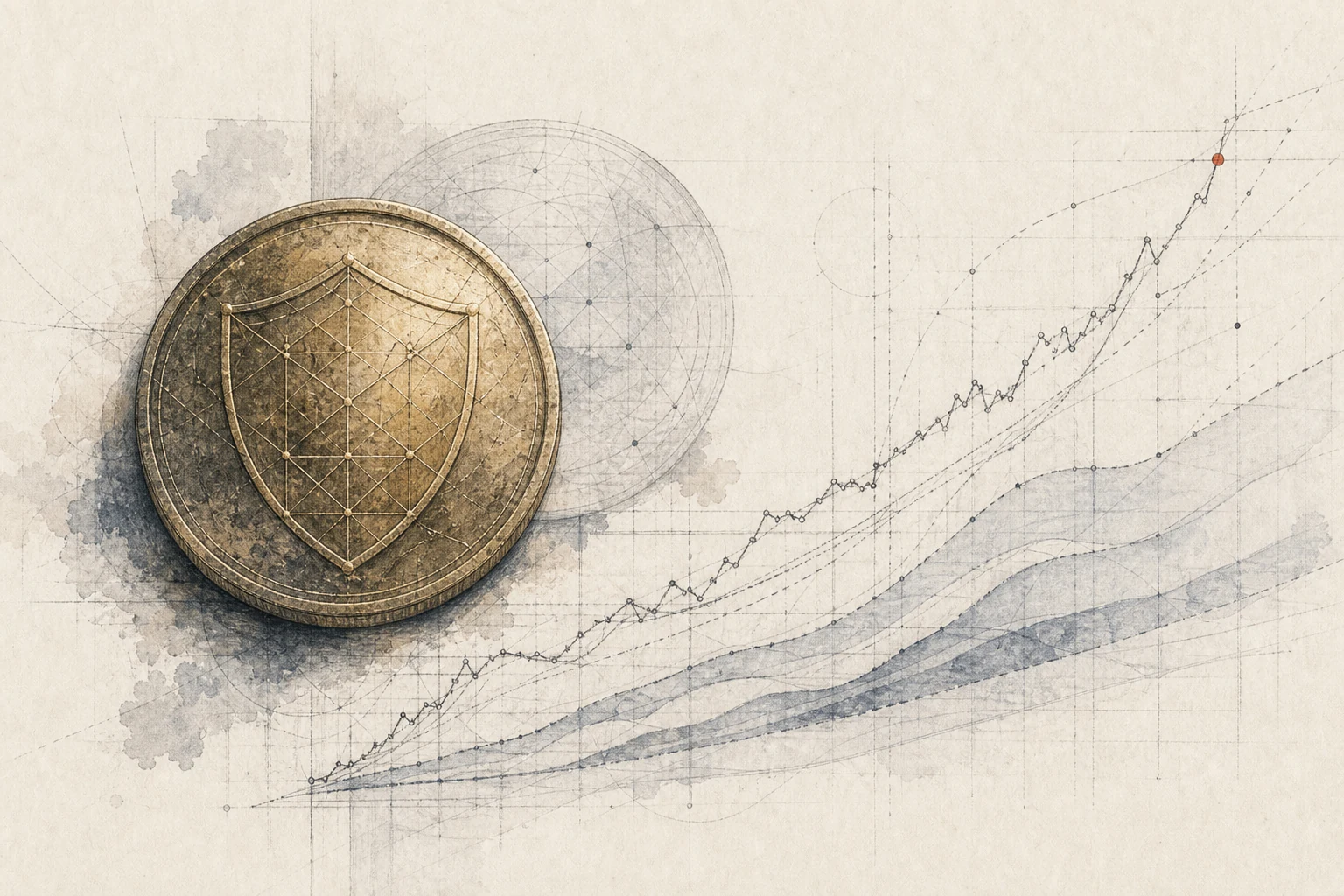 A weathered privacy coin study beside hand-drawn market curves and ledger grids.